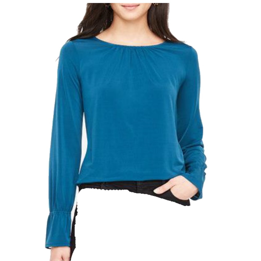 EUC Ann Taylor Shirred Ruffle Cuff Top M Blue green teal peacock long sleeved